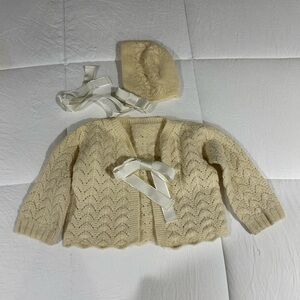 Vintage Cream Knit Baby Cardigan and Hat Set